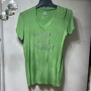 CHANEL Lime Green V-Neck Tee with Crystal CC Logo